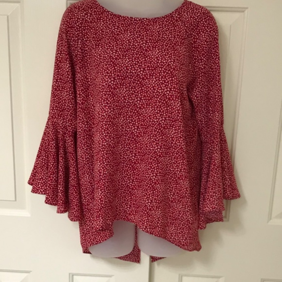 Lauren Conrad red print bell sleeve high/low top - Picture 3 of 8